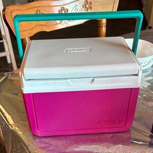 90’s RARE Coleman Pink and White Cooler with Teal Handle